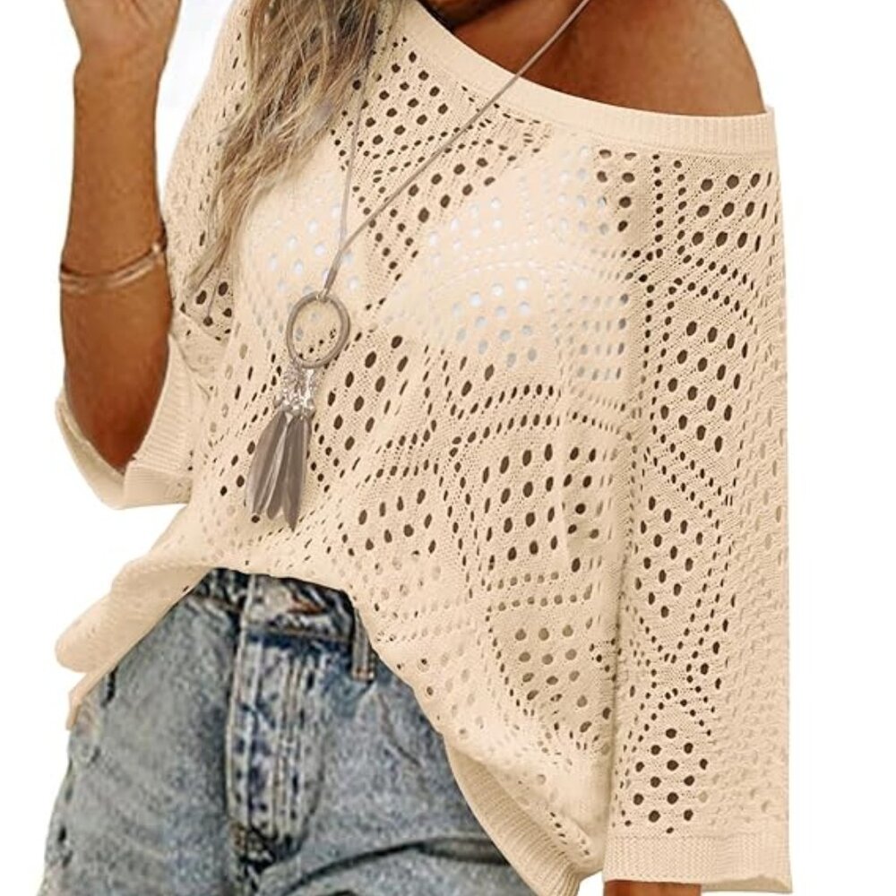 Women's Crochet Top Hollow Out 3/4 Sleeve Sweater Off Shoulder Knit Coverup